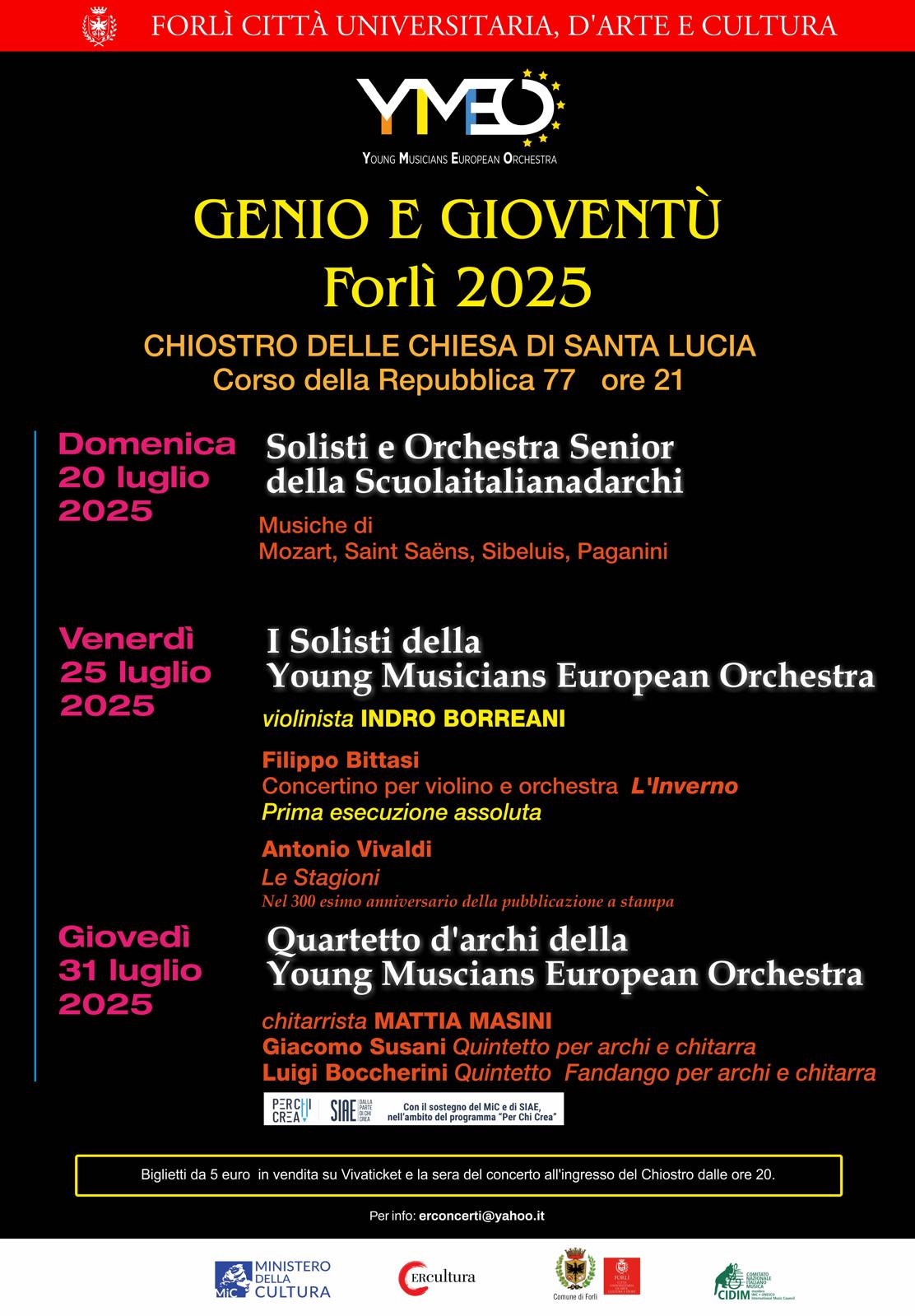 20 LUGLIO Evento a Forlì –   La Young Musicians European in concerto nel Chiostro della Chiesa di Santa Lucia