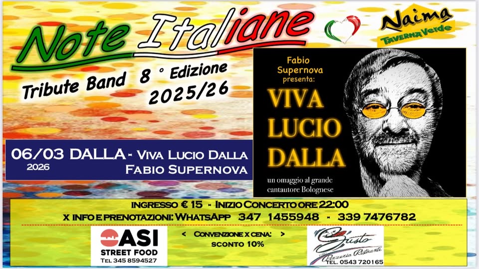 6 MARZO 2026 – CONCERTO – Al Naima ritornano le Note Italiane con VIVA LUCIO DALLA