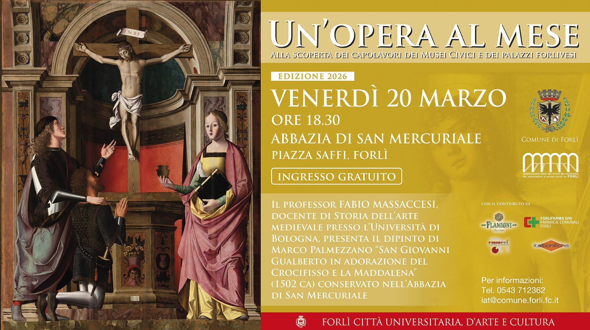 20 MARZO 2O26 – ARTE – Un’opera al Mese presso l’Abbazia di San Mercuriale  il dipinto di Marco Palmezzano “San Giovanni Gualberto in adorazione del Crocifisso e la Maddalena” (1502 ca),