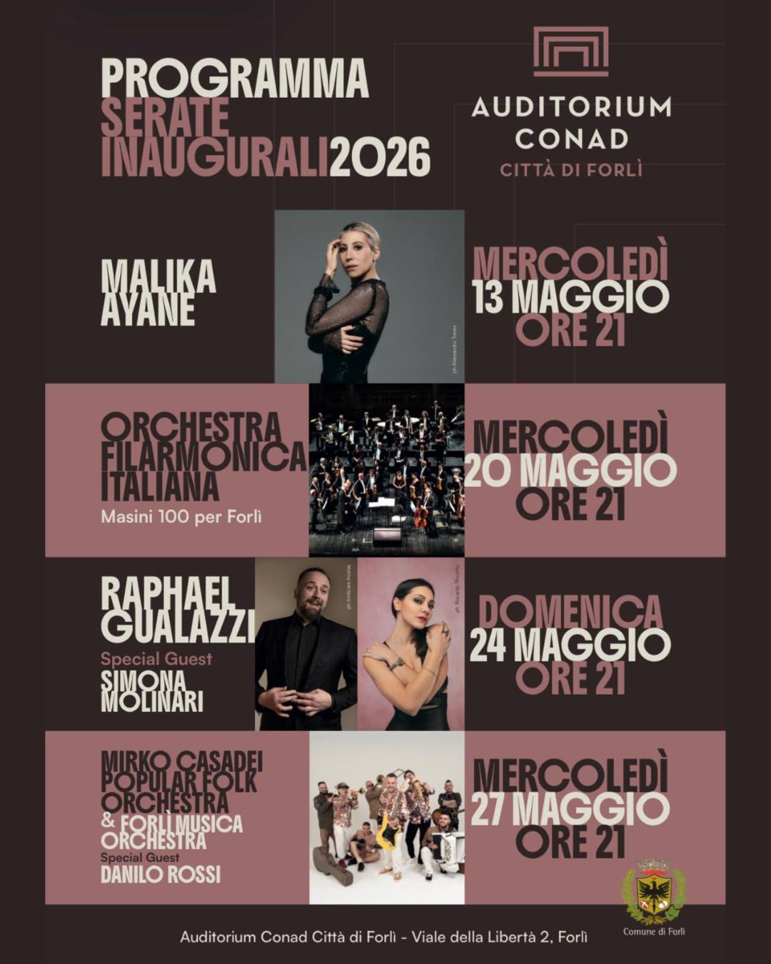 13 MAGGIO 2026 – EVENTO – Concerto di Malika Ayane SOULD OUT per  Inaugurazione Nuovo Auditorium Conad