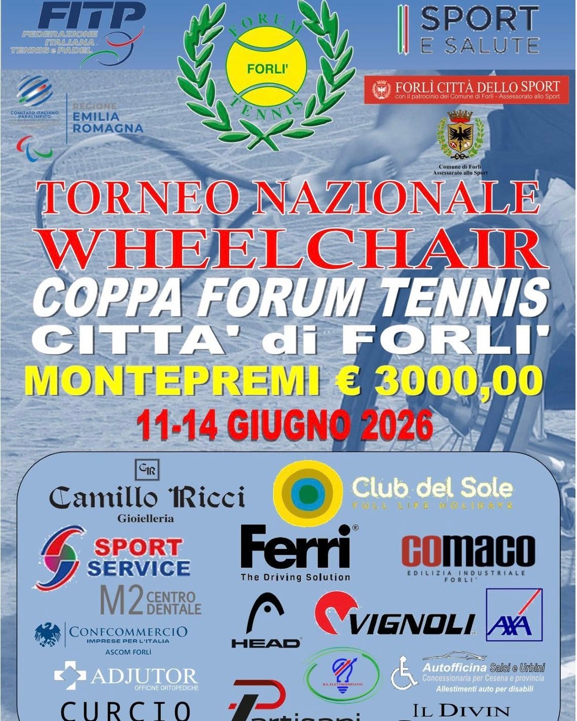11 GIUGNO 2026 – SPORT         Ai campi Tennis campo di marte il Torneo Nazionale WHEELCHAIR