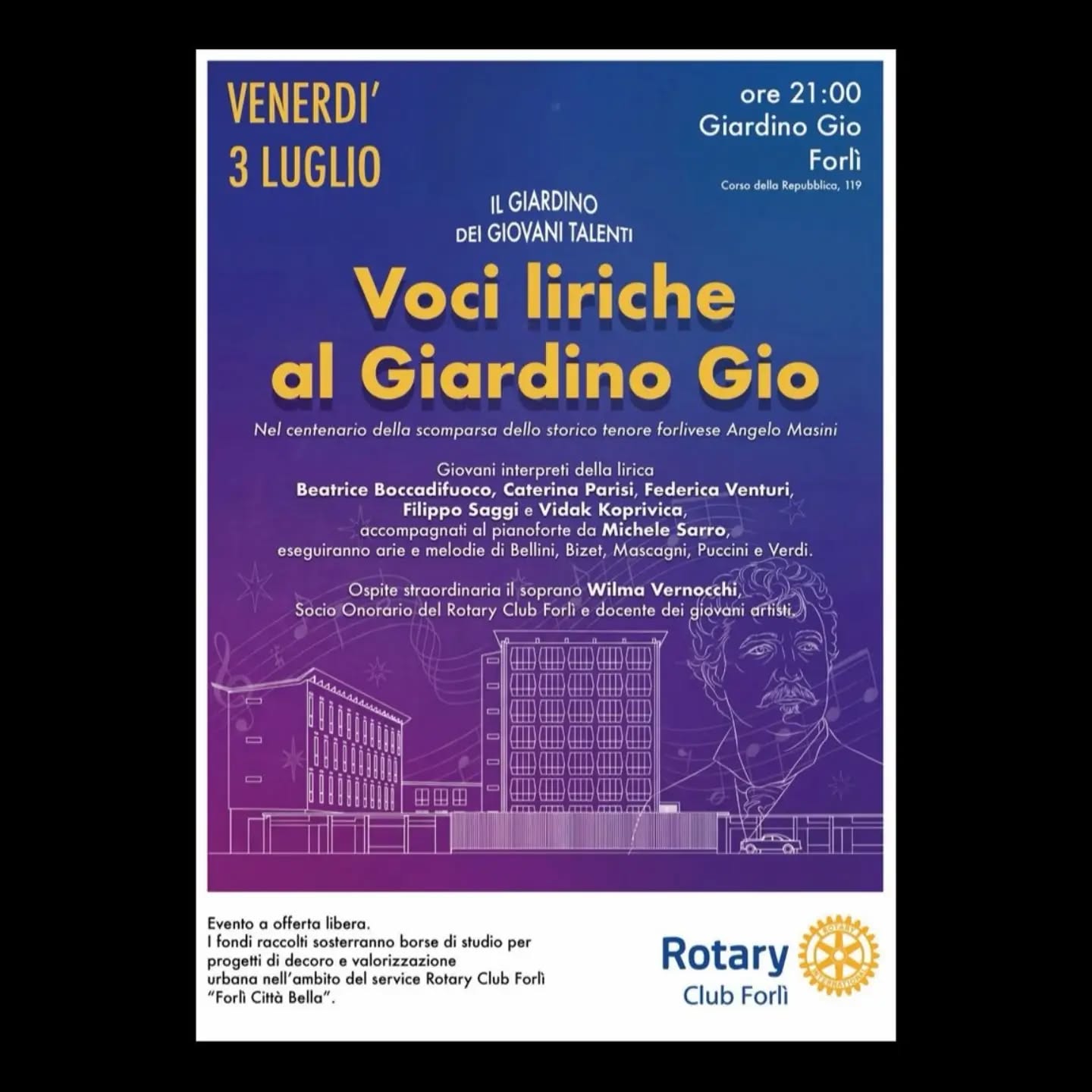 3 LUGLIO 2026 – INCONTRI – Al Giardino Gio VOCI LIRICHE il Rotary Club celebra Angelo Masini
