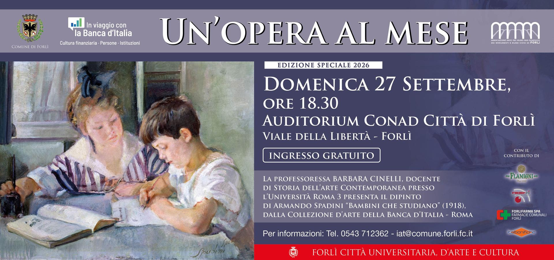 27 SETTEMBRE 2026 – ARTE Un’Opera al Mese “Bambini che studiano” di Armando Spadini all’Auditorium Conad