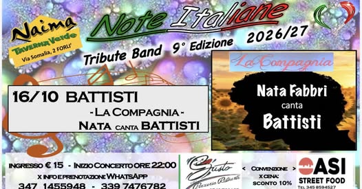 16 OTTOBRE 2026 – MUSICA Al NAIMA CLUB torna l’evento NOTE ITALIANE con LA COMPAGNIA canta BATTISTI
